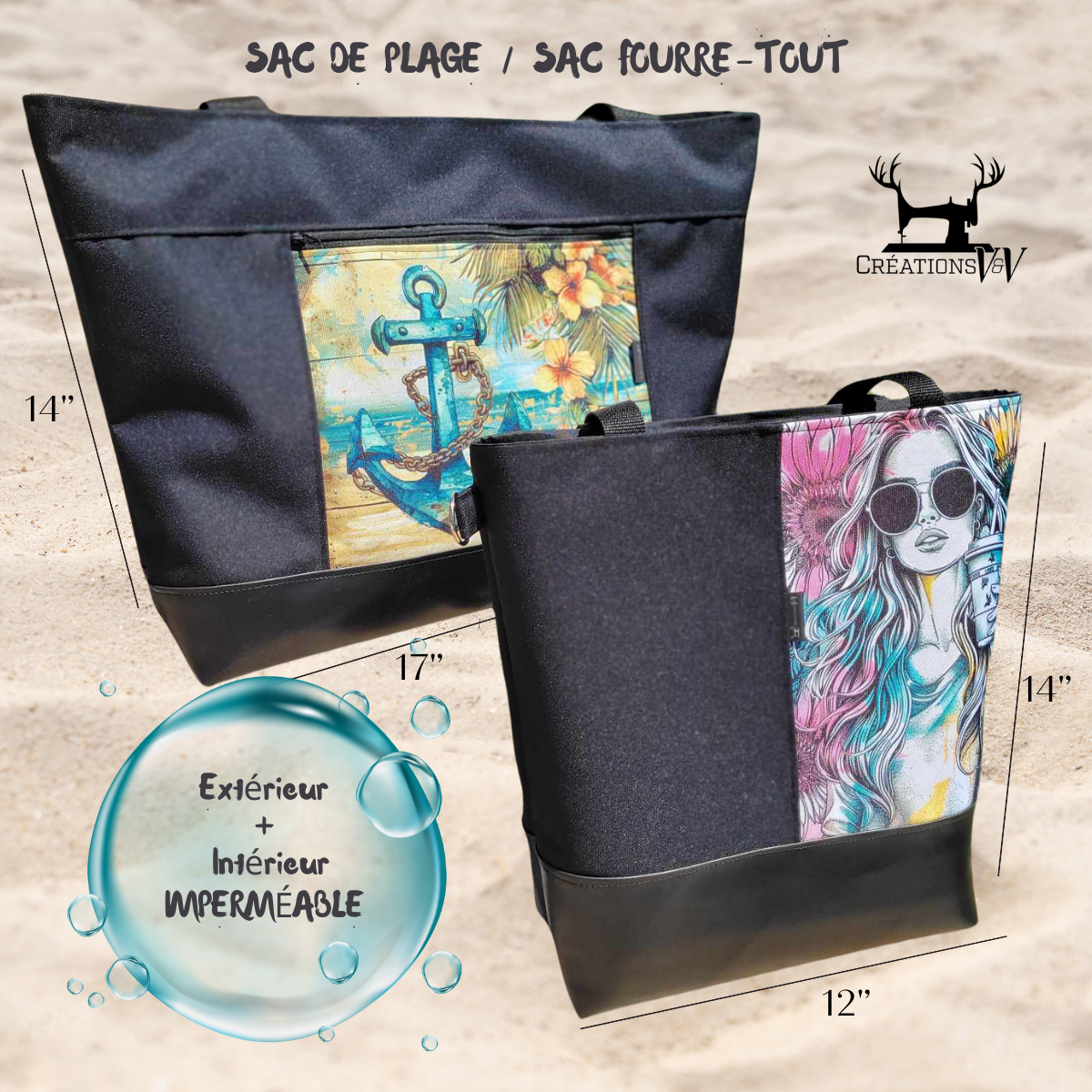 Sac de plage/fourre-tout (GRAND) - PERSONNALISÉ - Créations V&V